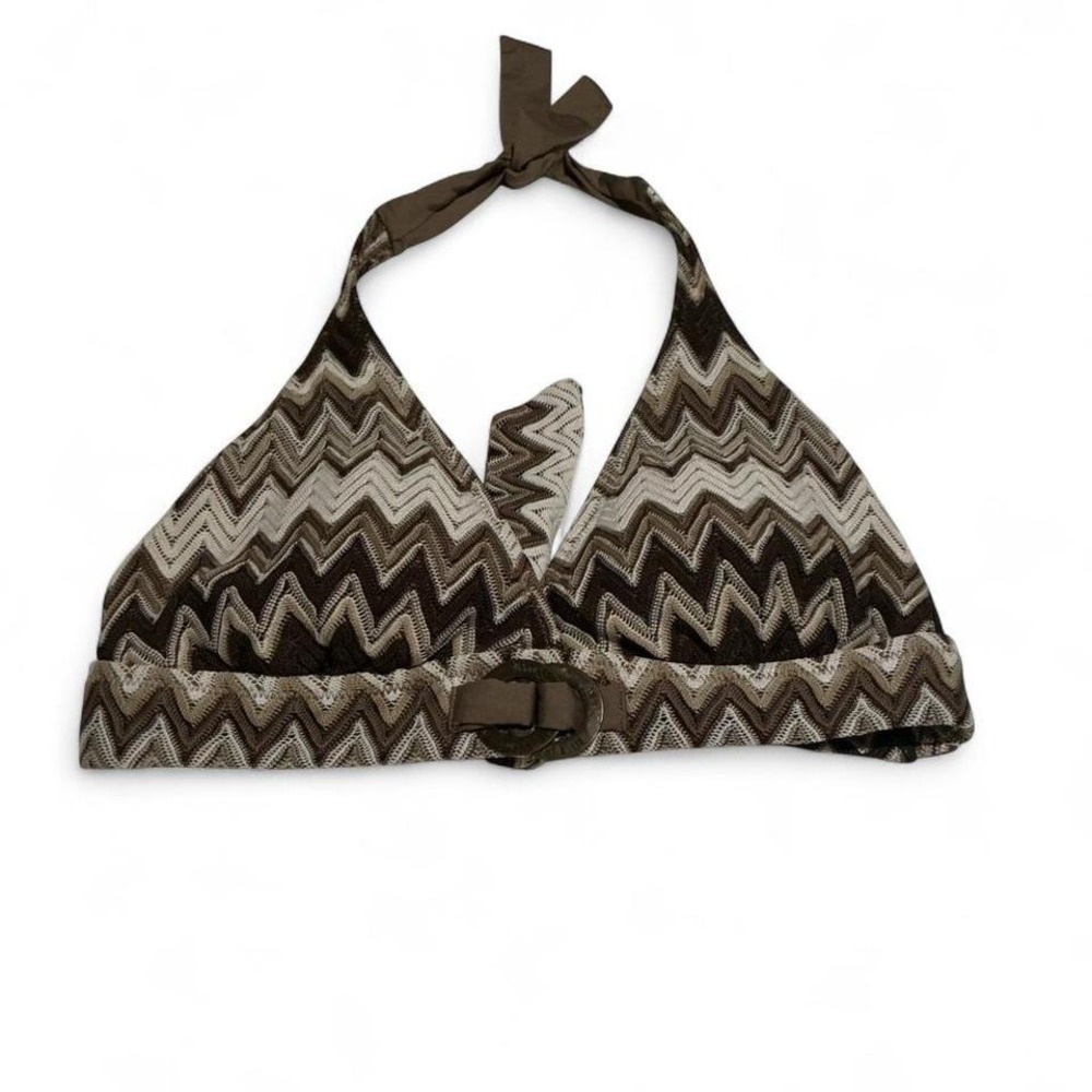 Perry Ellis Bikini Top Women L‎ Brown Chevron Halter Ring Detail Swim